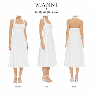 Robe midi blanche à col halter pour <span class=keywords><strong>femme</strong></span>, col carré, coupe évasée, élégante, pour invitées de mariage, fiançailles, cocktail, fabricants de vêtements asiatiques - Product Image 2