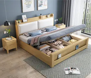 Indoor Furniture Bedroom Wood Bed Cheap Luxury Fabric Storage Bed Set
