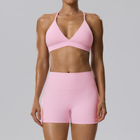 Set Yoga 2 Potong Wanita dengan Logo Custom, Bra Olahraga V-Neck dan Set Celana Pendek Biker Pinggang Tinggi, Bahan Stretch 4 Arah, Cocok untuk Olahraga