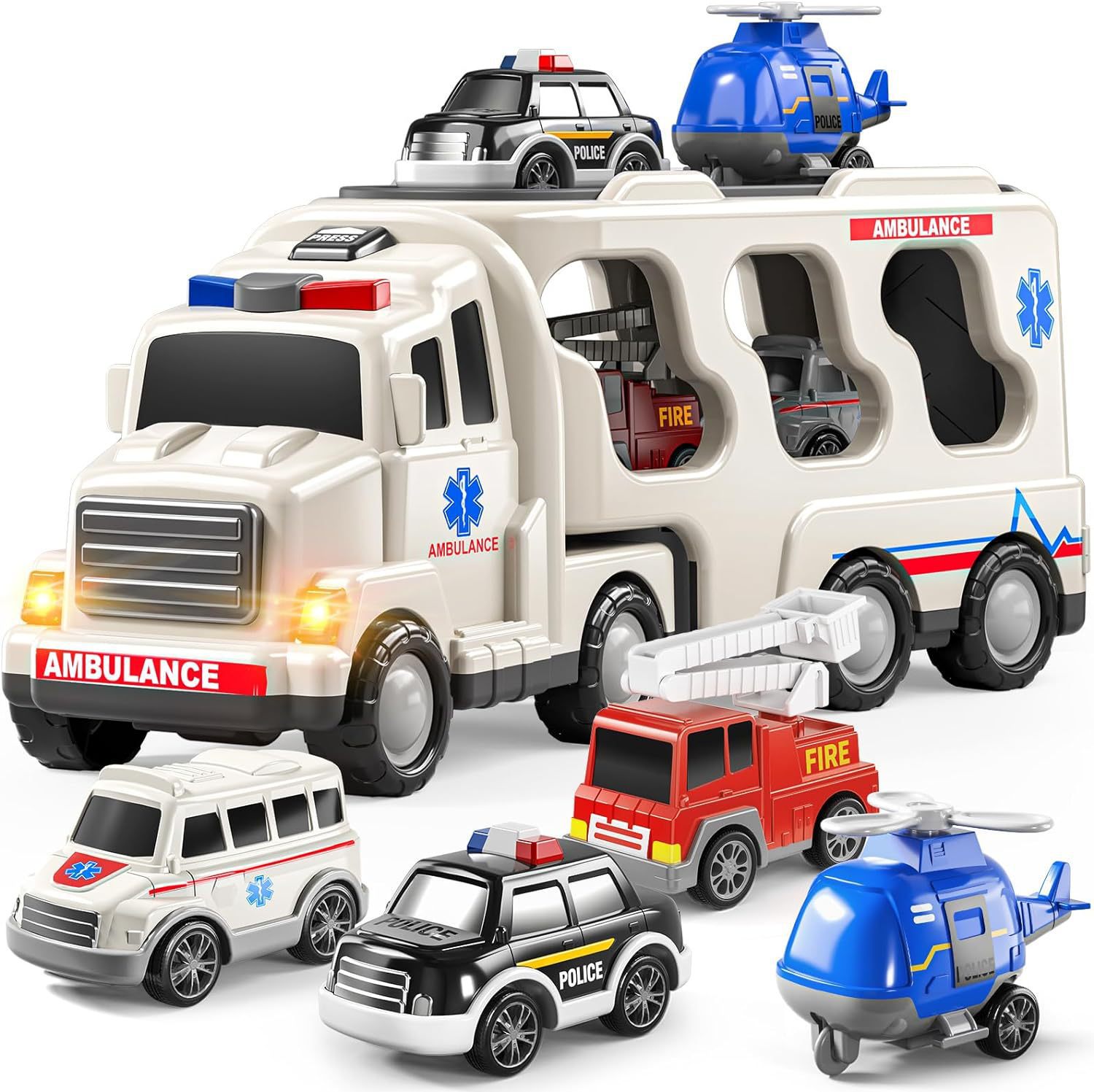 [Ambulancia de almacenamiento blanco] 1 carro 6 coche pequeño-caja de color