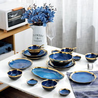 Service de table en céramique bleue nordique antique, vaisselle en porcelaine osseuse émaillée au four, ensemble de luxe avec bord doré
