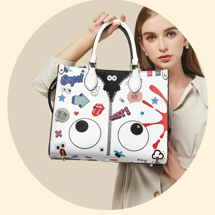 Eye theme Stylish college girls black white ladies handbag cute tote bag for women