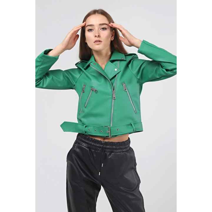 Women's Clothing Trousers Green Color Leather Jacket with Oversized Pockets