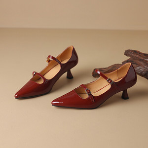 Zapatos de Tacón Alto con Doble Correa y Punta Puntiaguda, Zapatos Mary Jane Formales para Mujer, Verano Otoño, Aumento de Altura, Hebilla de Cuero Genuino, 5.5 cm - Product Image 3