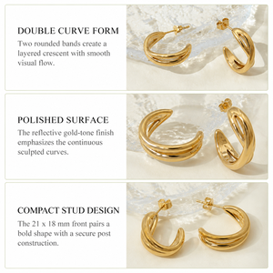 Boucles d'oreilles à double courbe plaquées or 14 carats, boucles d'oreilles en acier inoxydable poli en forme de croissant, 21 x 18 mm - Product Image 4