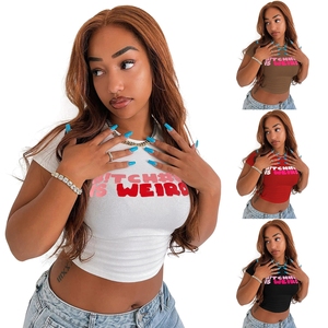 198 Nuevas camisetas cortas elásticas con estampado de letras para mujer - Product Image 4