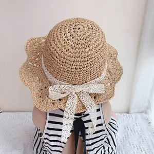 F-1213 summer 2023 white lace tie children straw hats hollow out beach hats kids wide brim sun shade girl hat for wholesale