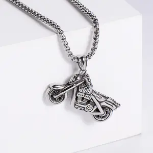 wholesale silver color charm motorcycle pendant chain necklace stainless steel biker jewelry