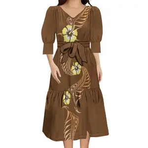 Factory Wholesale Custom Polynesian Tribal Design Samoan Dress Big Size Women Dresses Puff Sleeve Lace Up Midi Dress With Belts