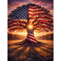 Peinture Diamant 5D DIY, Drapeau Américain Arbre de Vie, Mosaïque de Strass à Forage Complet, Image Paysagère, Décoration Murale pour la Maison
