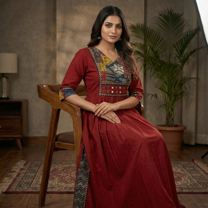 Conjunto de Kurta de Mezclilla para Mujer con Bordado Floral, Corte Holgado, Estilo Casual, Pantalones hasta el Tobillo, Estilo Indio, de Algodón - Product Image 1