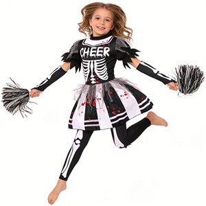 Disfraz de Halloween para Niñas, Disfraz de <span class=keywords><strong>Animadora</strong></span> Zombi, Estampado de Huesos de Esqueleto y Sangre, con Pompones para Niñas - Product Image 4