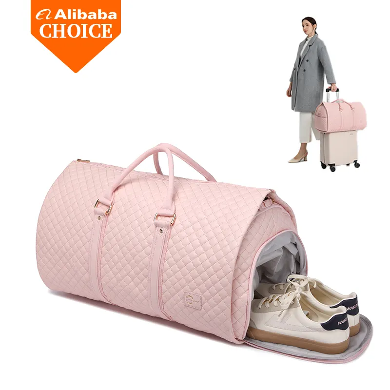 En stock sac de voyage en cuir PU costume convertible rose pour femmes sac polochon sac de voyage pour vêtements