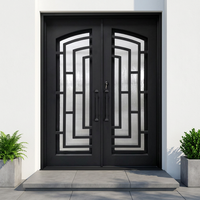 Porte d'entrée double moderne en fer forgé noir avec verre décoratif, porte extérieure géométrique personnalisée pour villa de luxe
