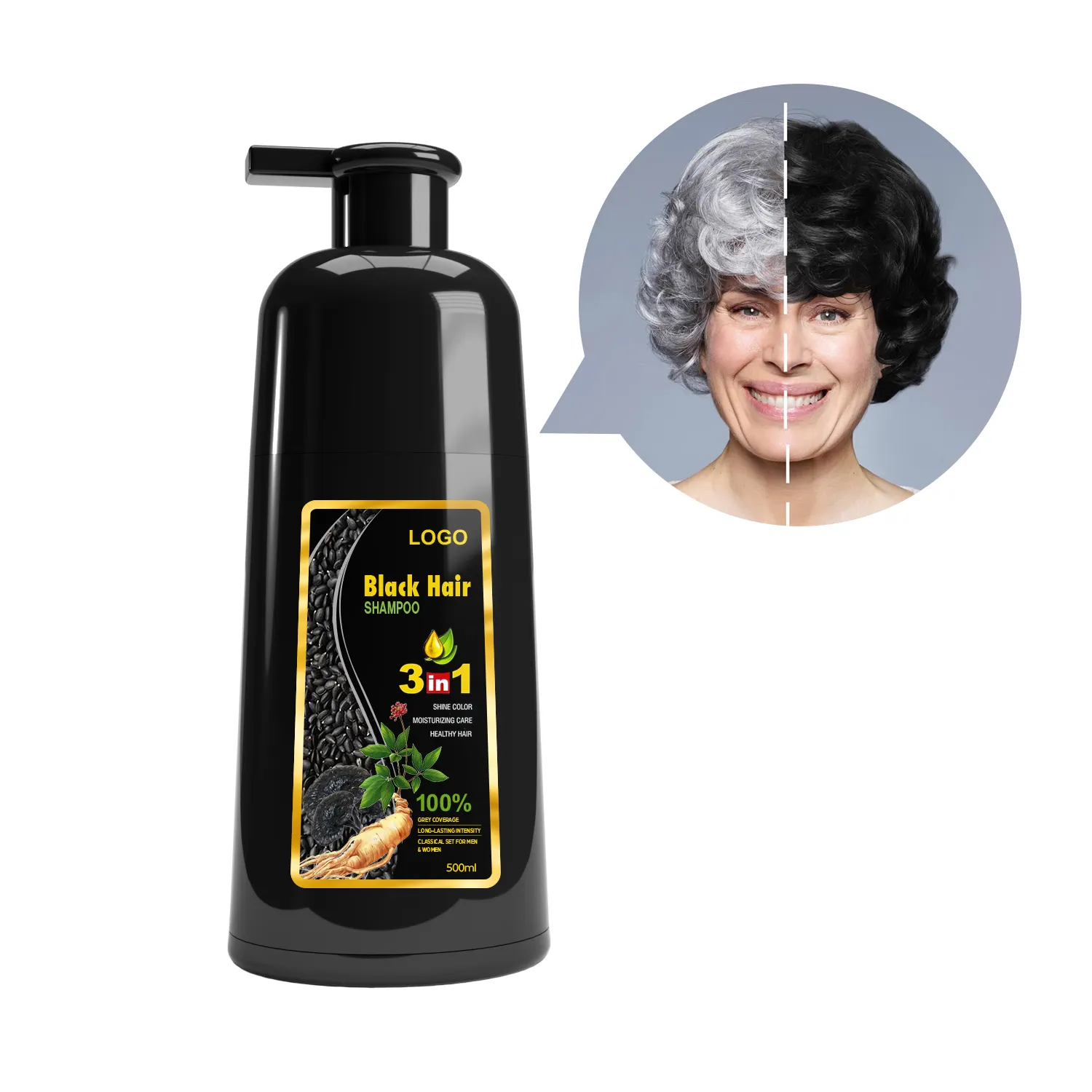 Etiqueta privada 3 en 1 Champú negro a base de hierbas para el cabello Champú mágico permanente rápido para tinte negro para el cabello