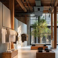 Support d'exposition pour vêtements pour hommes, style minimaliste, lumière naturelle, luxe, combiné à un éclairage doux et à une texture bois