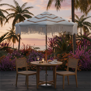 Verona Macrame Parasol Outdoor Tropical Decorative Fringe Natural Teak Pole Anti-UV Sun Protection <b>Base</b> - Product Image 2
