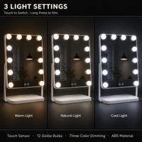 Miroir de maquillage éclairé en bois blanc avec lumières, 34 cm, rotation à 360°, 3 modes de couleur, variateur d'intensité, capteur tactile