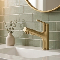 Robinet de lavabo de salle de bain de luxe en laiton doré brossé, mitigeur monocommande avec douchette double fonction pour villa
