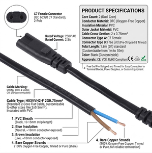 IEC320 C7 转接头电源线，2 针裸线/8 字形尾线，交流电源线/用于 LED 驱动器，DIY 维修 - Product Image 2
