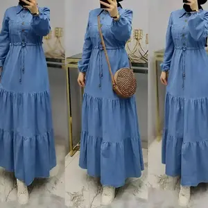 Eid yeni müslüman uzun Abaya pilili Denim elbiseler orta doğu Dubai müslüman kıyafetleri Abaya mavi Denim uzun giyim üreticileri