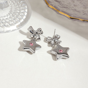 Star <b>Bow</b> Drop Earrings Stainless Steel Pink Rhinestone <b>Gift</b> Jewelry - Product Image 2