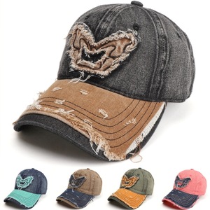 Distressed Denim Baseball <b>Cap</b> With Butterfly Applique For <b>Women</b> Casual Wear 100 Cotton Hat - Product Image 1