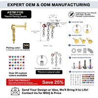 Clous d'oreille en titane G23 ASTM F136 avec zircon et vis à filetage interne, qualité implant, pour cartilage, bijoux de piercing corporel raffinés