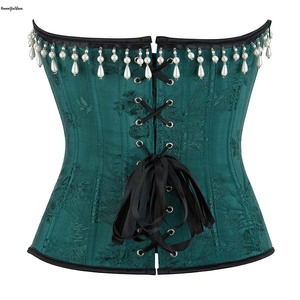<span class=keywords><strong>Vert</strong></span> foncé femmes brocart à lacets surbuste Corselet mince corsage fermeture éclair latérale dos dentelle serré Corset <span class=keywords><strong>Bustier</strong></span> avec perle blanche - Product Image 4