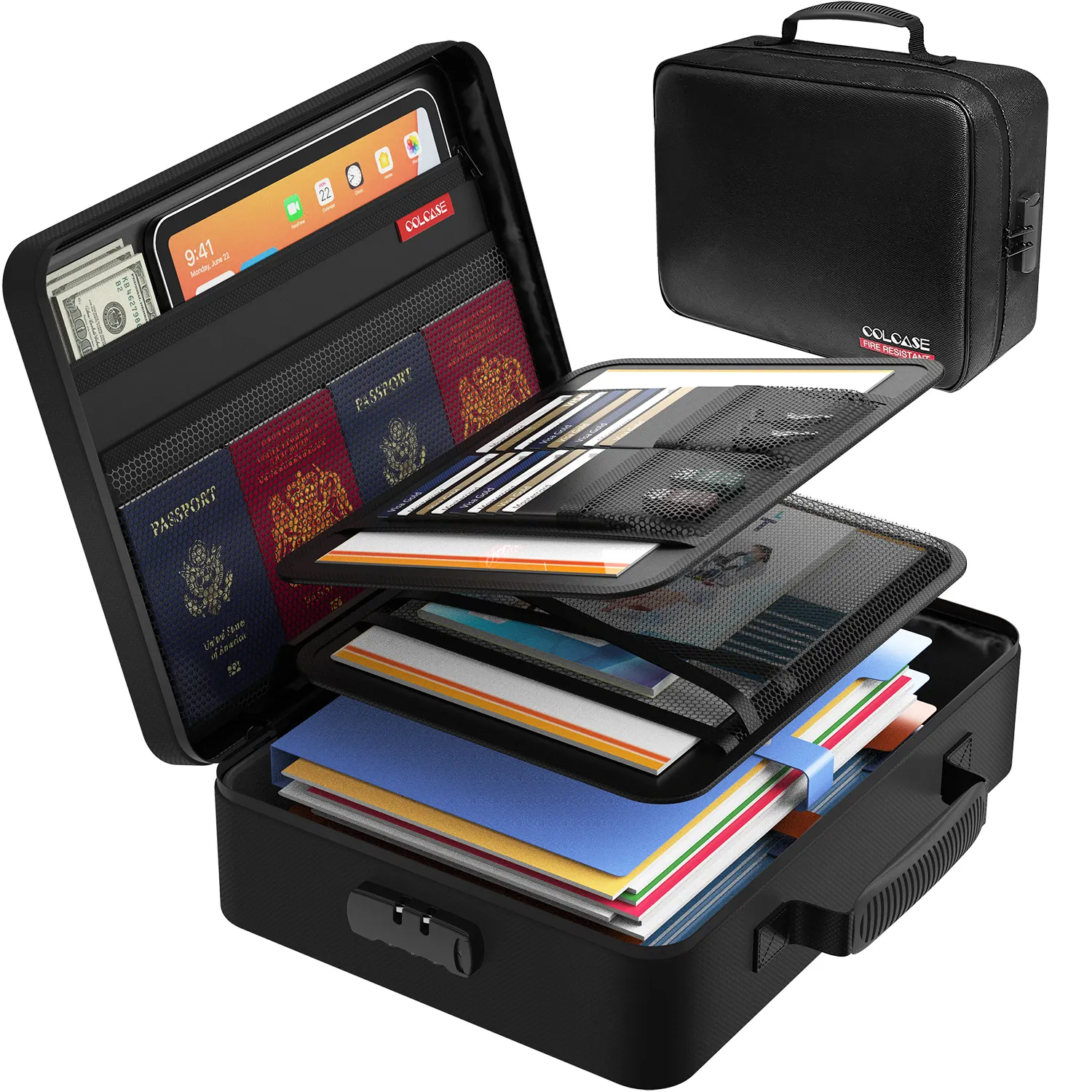 लॉक ऑर्गनाइज़र बॉक्स पासपोर्ट एक्सेसरी बैग फायरप्रूफ केस फायरप्रूफ दस्तावेज़ बॉक्स के साथ उच्च गुणवत्ता वाला फायरप्रूफ बैग