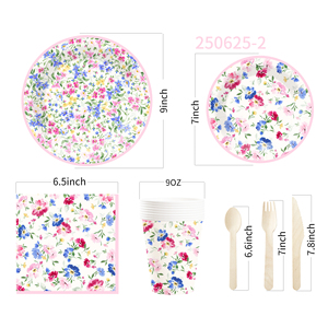 DAMAI New Customized Flower Theme Disposable <b>Paper</b> Plate Tissue <b>Paper</b> <b>Tablecloth</b> with Floral Tableware Set - Product Image 5