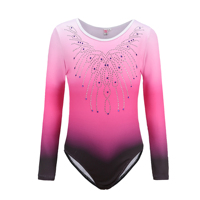 Ensemble de justaucorps de gymnastique pour filles B69, manches longues, dégradé rose, strass, short noir, chouchou pour cheveux, entraînement de danse pour enfants