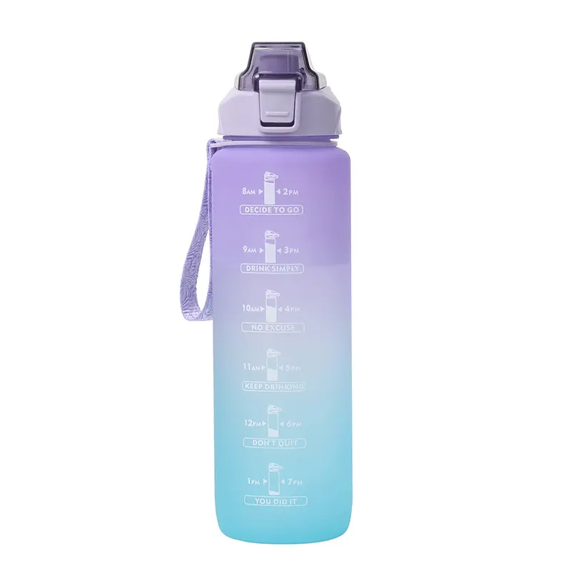 Sıcak satış popüler 1000ml Bpa ücretsiz su şişesi ile zaman işaretleyici renk degrade su şişesi içme kapaklı