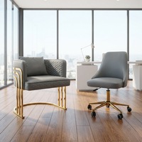 Fauteuil d'appoint Yicheng moderne de luxe léger gris rembourré avec base en métal doré, chaise de salon d'attente réglable en hauteur et pivotante pour bureau