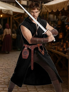 Ensemble de costumes médiévaux Renaissance pour hommes - 4 pièces : Surchemise sans manches à capuche style Viking, tenue de cosplay pour foires Renaissance et Halloween - Product Image 4