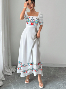 Vestido Maxi Casual Vintage para Mujer, Manga Corta, Rojo y Azul, Bordado, Tejido, Cintura Natural, Bordado a Máquina, 100% Lavable - Product Image 3