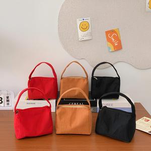 Summer Trend Women's <b>Handbag</b> Portable Corduroy Handheld Makeup Bag <b>Small</b> Square Zipper Closure Bag - Product Image 4