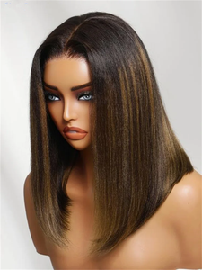Perruque BOB en cheveux humains 7x5 sans glissement, raie latérale, lisse, sans colle, avec cordon de serrage, noire avec mèches caramel - Product Image 4