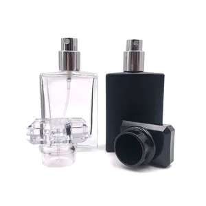 Fragrância de luxo óleo 50ml preto fosco transparente spray acrílico tampa 30ml 1oz vidro quadrado atomizador perfume garrafa