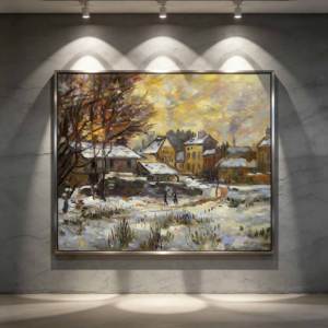 B&C ART Dipinto a Olio Impressionista di Claude Monet Personalizzato e Dipinto a Mano, Ecologico, su Tela, Paesaggio Invernale con Tramonto e Neve - Product Image 1