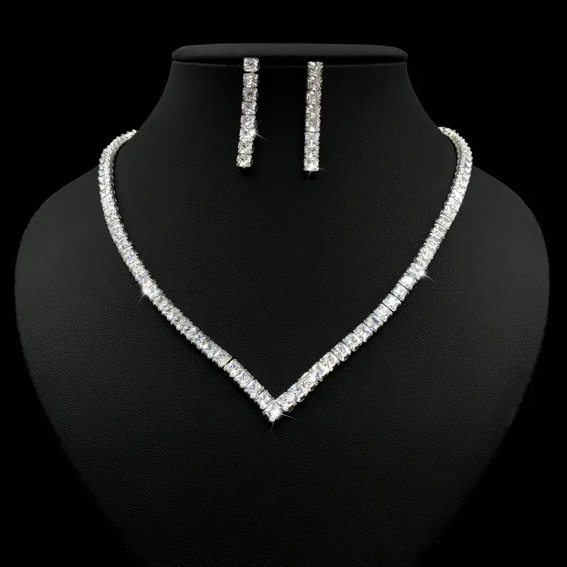 Đảng lấp lánh cubic zircon V hình thanh lịch chuỗi quần vợt Choker cưới Vòng cổ dọc thanh Bông tai Set đồ trang sức cô dâu thiết lập