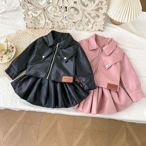 Ensemble veste en <span class=keywords><strong>cuir</strong></span> PU et <span class=keywords><strong>jupe</strong></span> plissée pour filles, style coréen, couleur unie, pour l'automne - Product Image 1