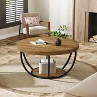 Table basse ronde, table basse circulaire en bois à 2 niveaux de 31,7 pouces avec étagères de rangement, table de cocktail moderne, table centrale
