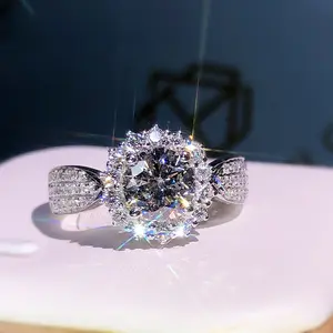 Anillo de moissanita de un quilate, tres filas llenas de diamantes, anillos de joyería abiertos, un anillo de bodas de compromiso brillante