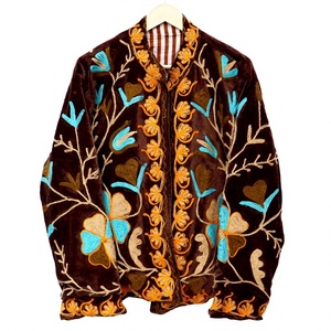 Floral Embroidery Velvet Jacket Mandarin Collar Short <b>Coat</b> Eco-Friendly Breathable Reversible Cotton Lining Unisex Women's - Product Image 1