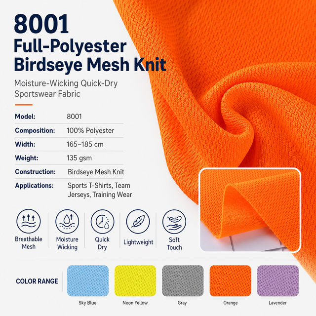 135GSM Moisture Wicking Quick Dry 100 Polyester Birdseye Mesh Knit Fabric for Sportswear 8001
