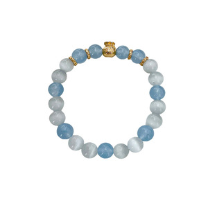 S925 Sterling Silver <b>Aquamarine</b> Cat's Eye <b>Bracelet</b> 21 Beads Round Animal Design Everyday Wear Jewelry - Product Image 5