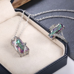 Anillo/Collar de Piedras Rectangulares Multicolores CAOSHI, Diseño Novedoso, Venta Directa de Fábrica, Conjunto de Joyería para Mujer para Bodas - Product Image 6