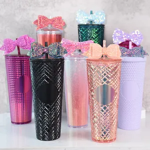 Hot Selling 24oz 20oz 16oz Pink Studded Custom Logo In Bulk Plastic Tumbler Cold Coffee Mug Tumblers Cups with Lids and Straws