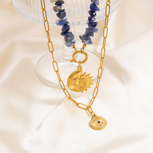 Collar de Aleación de Zinc Estilo Europeo Americano con Piedra Natural, Dije de Sol y Luna Dorado, Cadena de Clavícula en Capas, Moda Otoño Invierno - Product Image 4